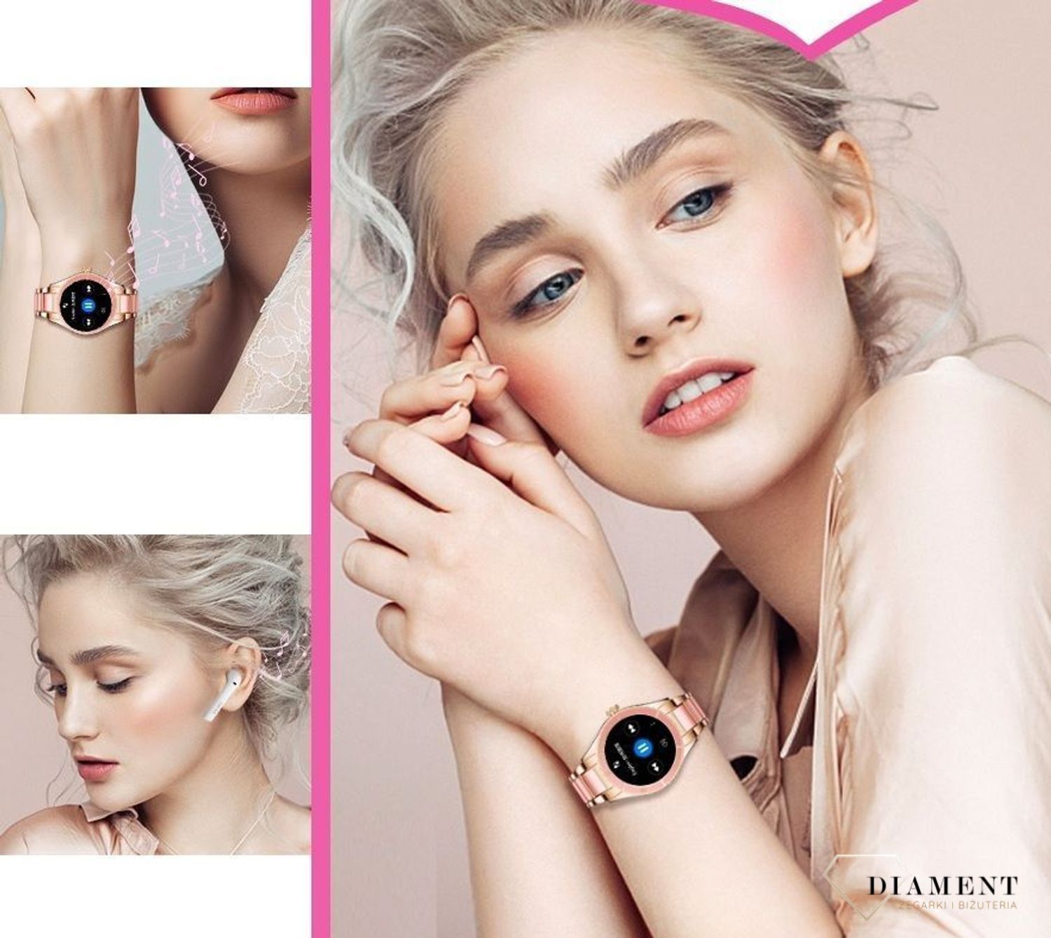 Smartwatch damski Rubicon Różowe złoto z białymi dodatkami RNCE82 Biały (1).jpg